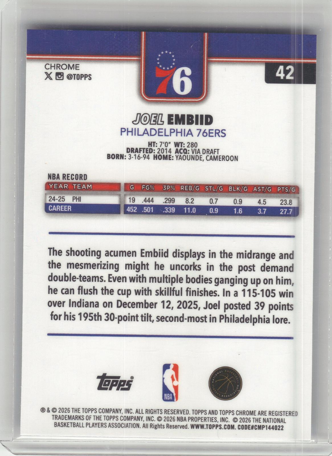 2025-26 Topps Chrome Update #42 Joel Embiid RayWave Refractor Philadelphia 76ers