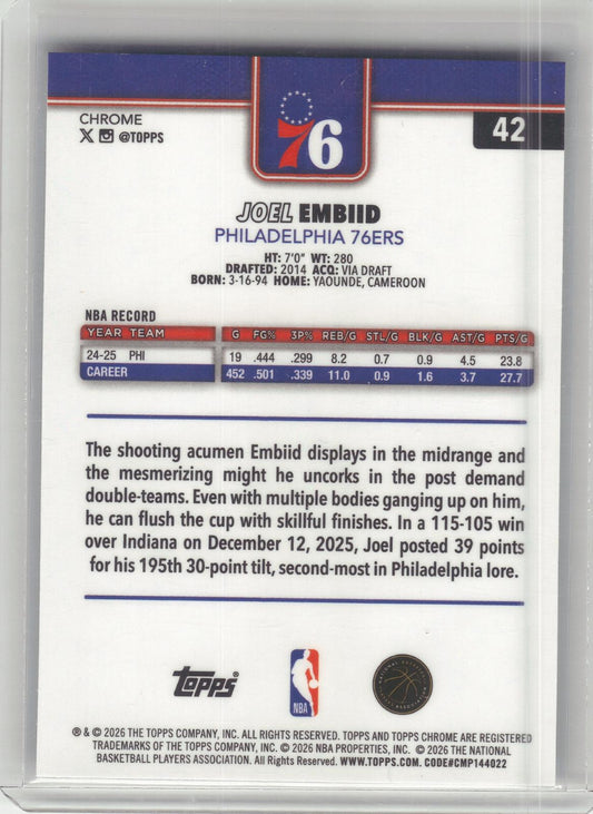 2025-26 Topps Chrome Update #42 Joel Embiid RayWave Refractor Philadelphia 76ers