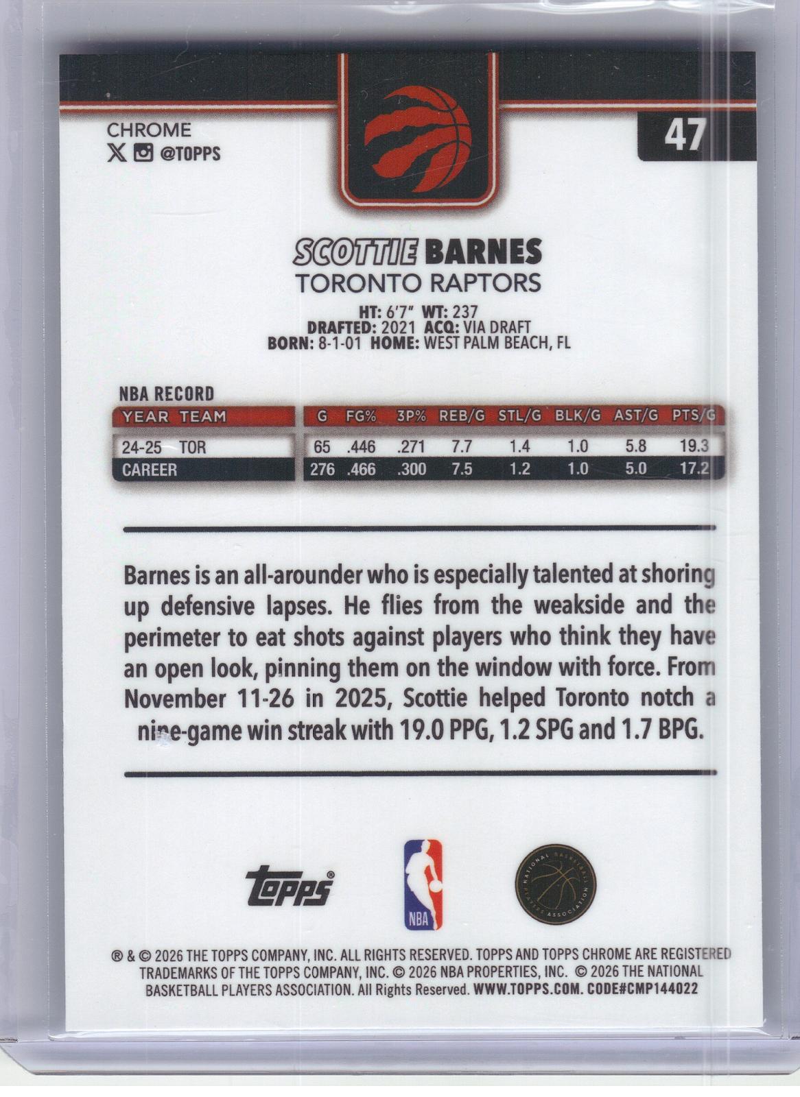 2025-26 Topps Chrome Update #47 Scottie Barnes Refractor Toronto Raptors
