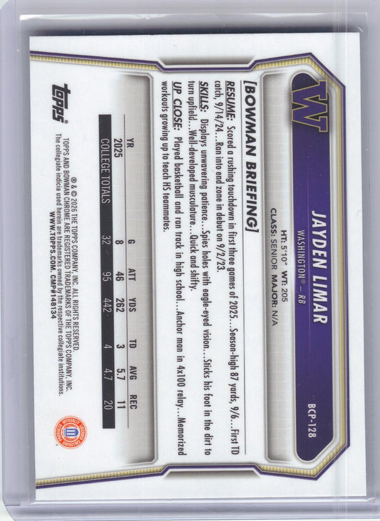 2026 Bowman #BCP-128 Jayden Limar Chrome Prospects Mojo Refractor Washington Huskies