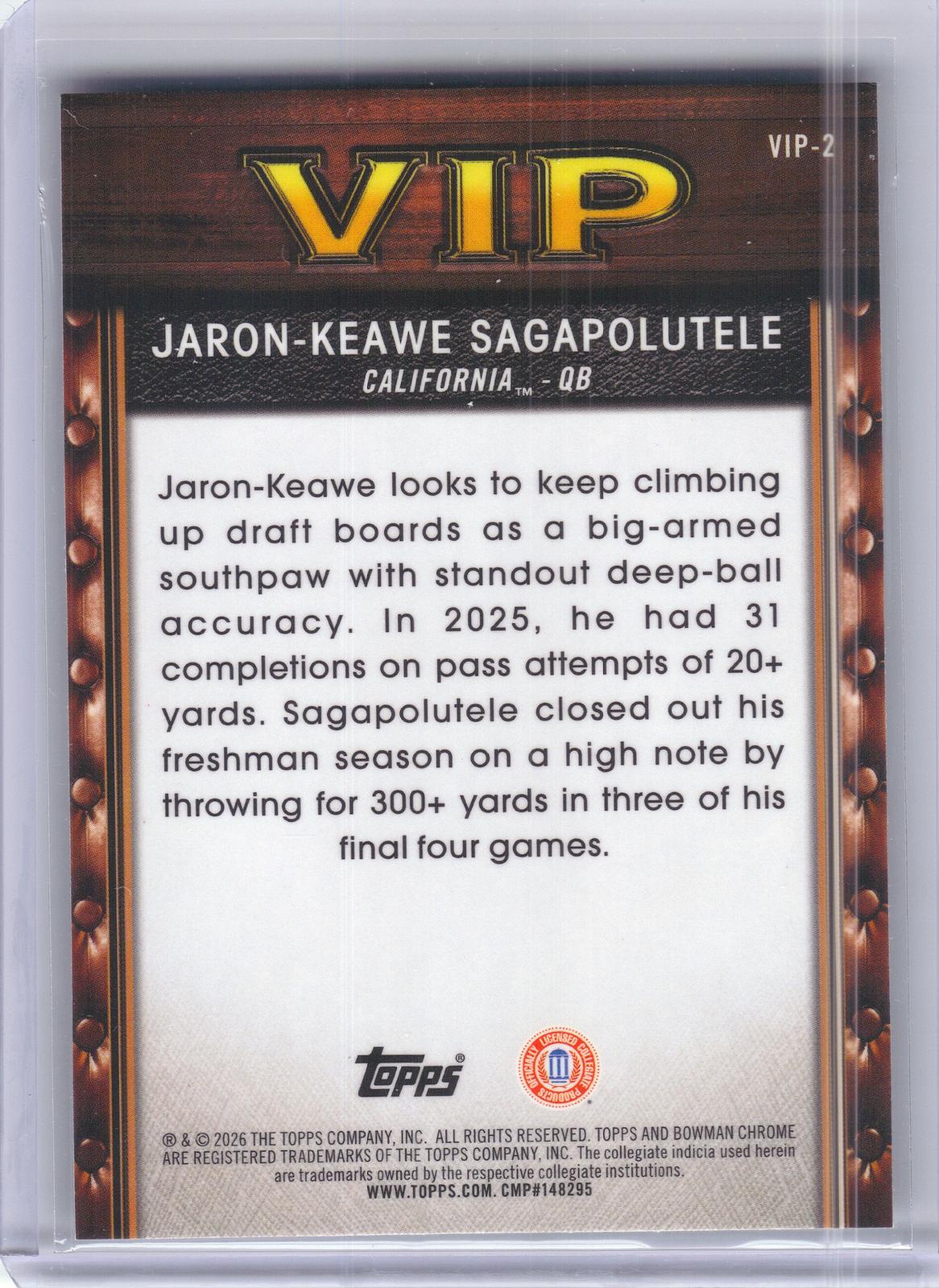 2026 Bowman #VIP-2 Jaron-Keawe Sagapolutele Very Important Prospects California Golden Bears