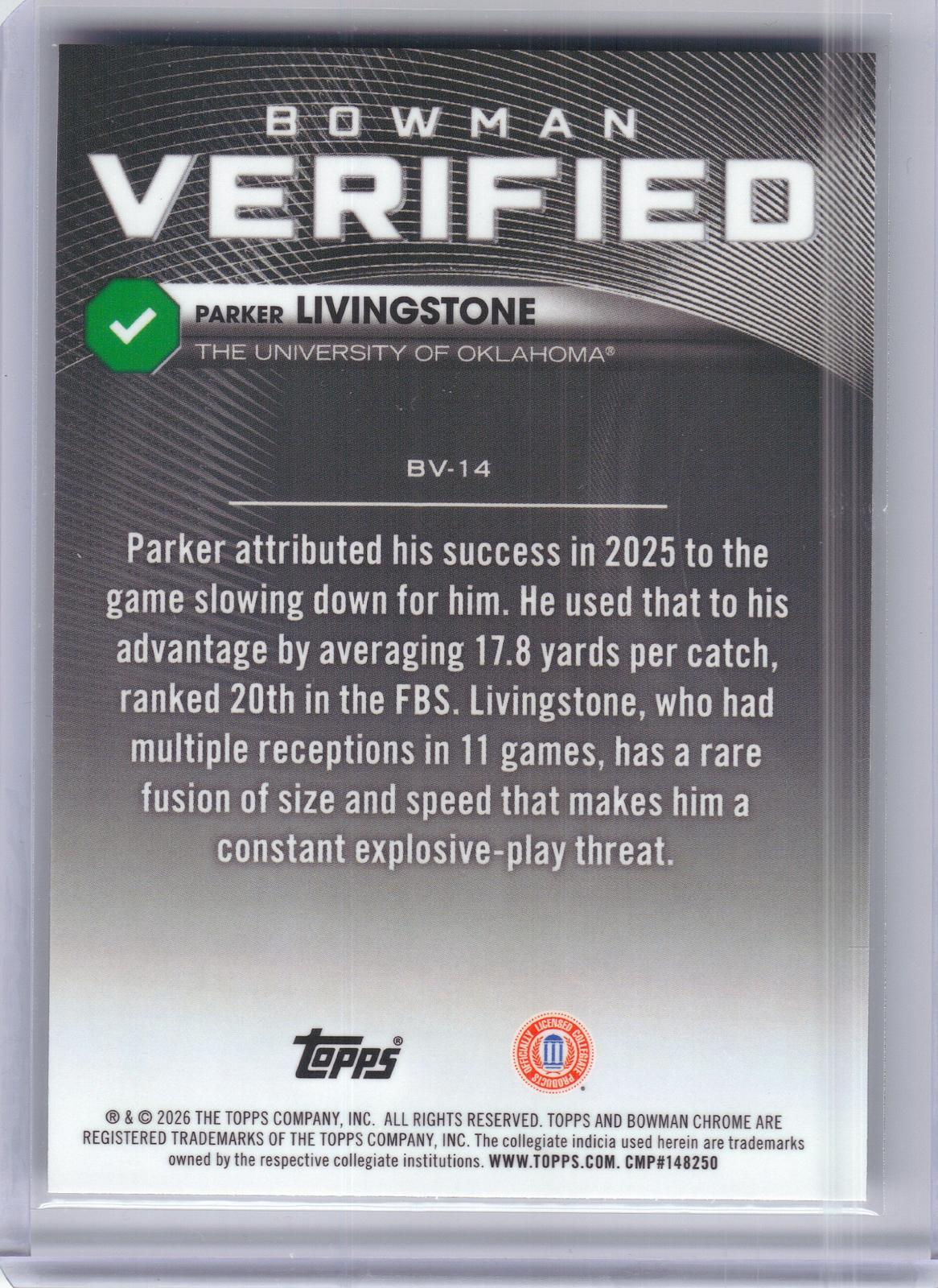 2026 Bowman #BV-14 Parker Livingstone Bowman Verified Oklahoma Sooners