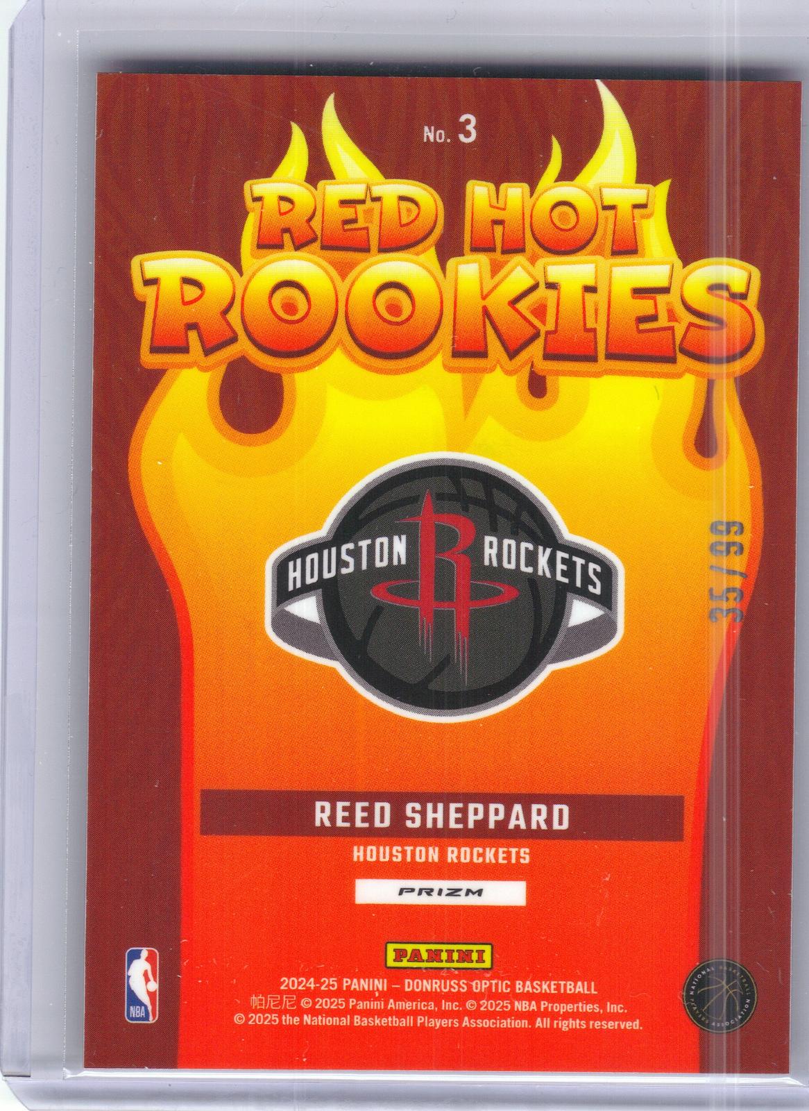 2024-25 Donruss Optic #3 Reed Sheppard Red Hot Rookies Red and Gold International #/99 Houston Rockets SN