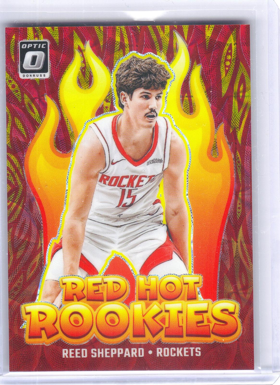 2024-25 Donruss Optic #3 Reed Sheppard Red Hot Rookies Red and Gold International #/99 Houston Rockets SN