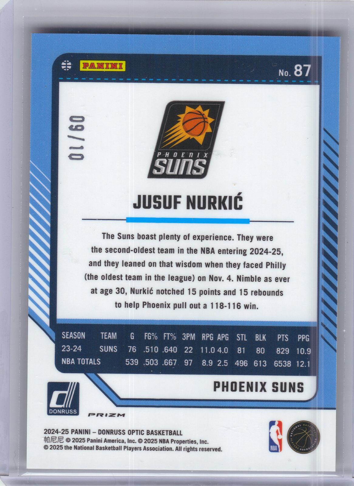 2024-25 Donruss Optic #87 Jusuf Nurkic Gold International #/10 Phoenix Suns SN