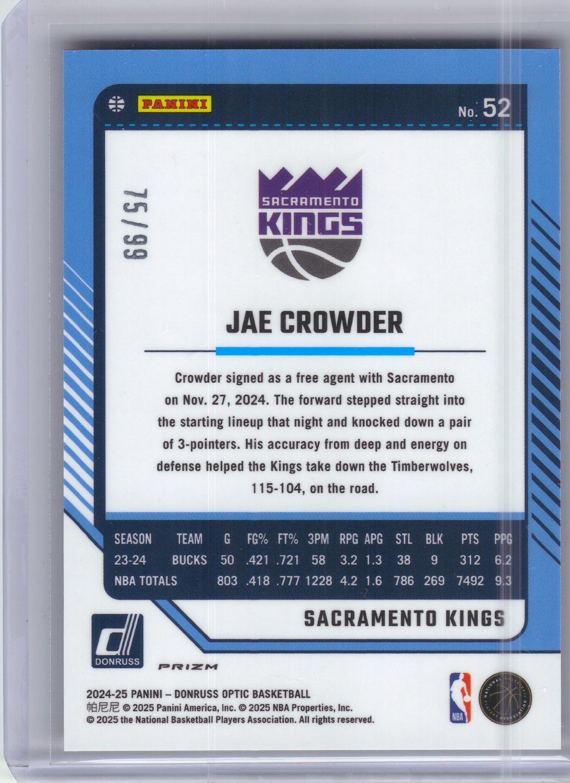 2024-25 Donruss Optic #52 Jae Crowder Red and Gold International #/99 Sacramento Kings SN