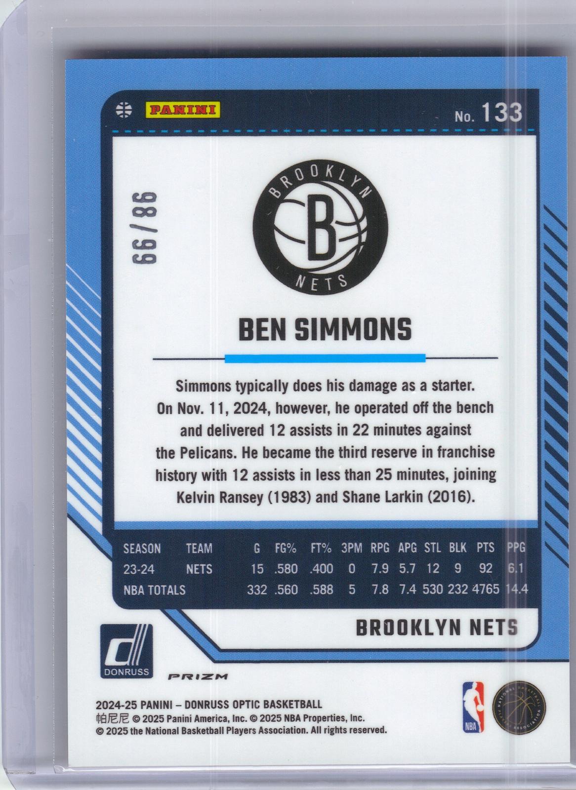 2024-25 Donruss Optic #133 Ben Simmons Red and Gold International #/99 Brooklyn Nets SN