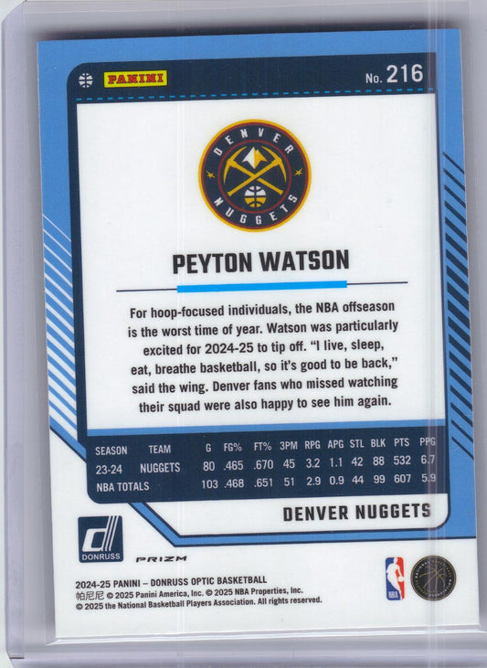 2024-25 Donruss Optic #216 Peyton Watson Red International Denver Nuggets