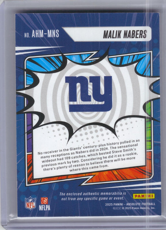 2025 Panini Absolute #AHM-MNS Malik Nabers Absolute Heroes Memorabilia Gold #/99 New York Giants SN, MEM