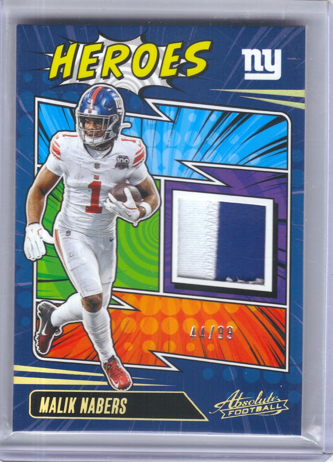 2025 Panini Absolute #AHM-MNS Malik Nabers Absolute Heroes Memorabilia Gold #/99 New York Giants SN, MEM