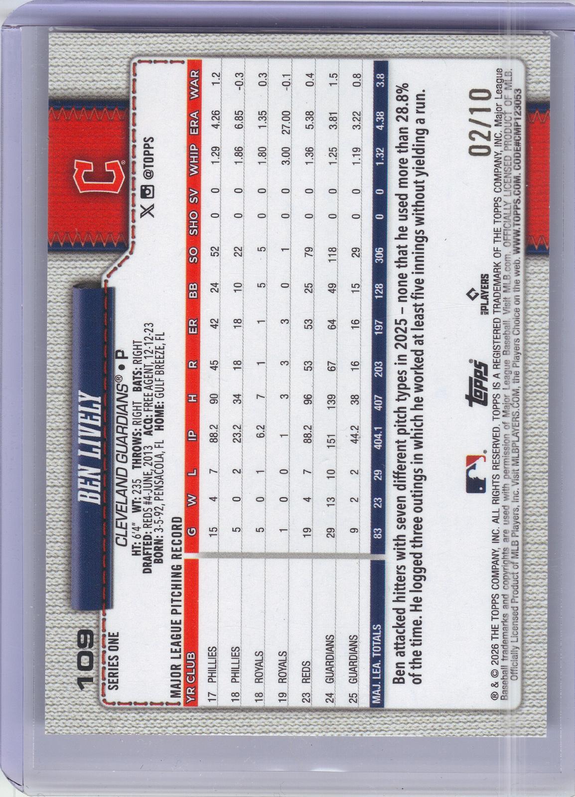 2026 Topps #109 Ben Lively Black Sandglitter #/10 Cleveland Guardians SN