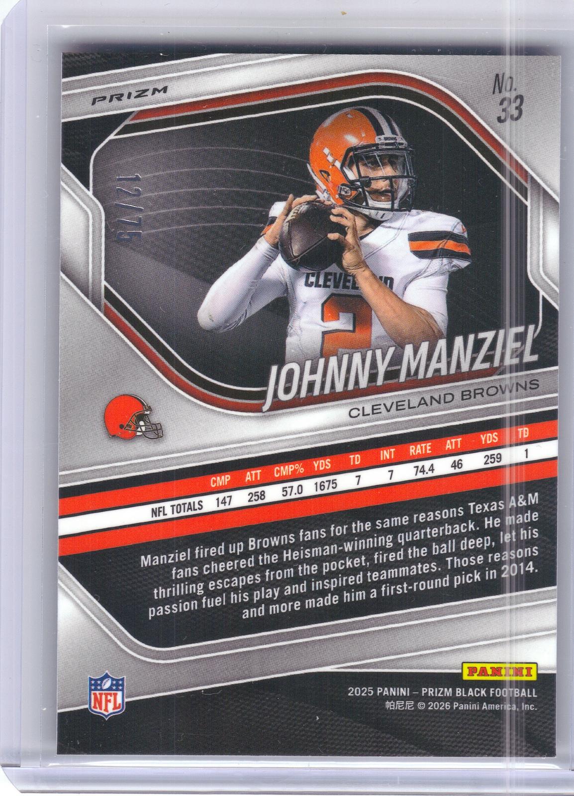 2025 Panini Prizm Black #33 Johnny Manziel Prizm Red Power #/75 Cleveland Browns SN