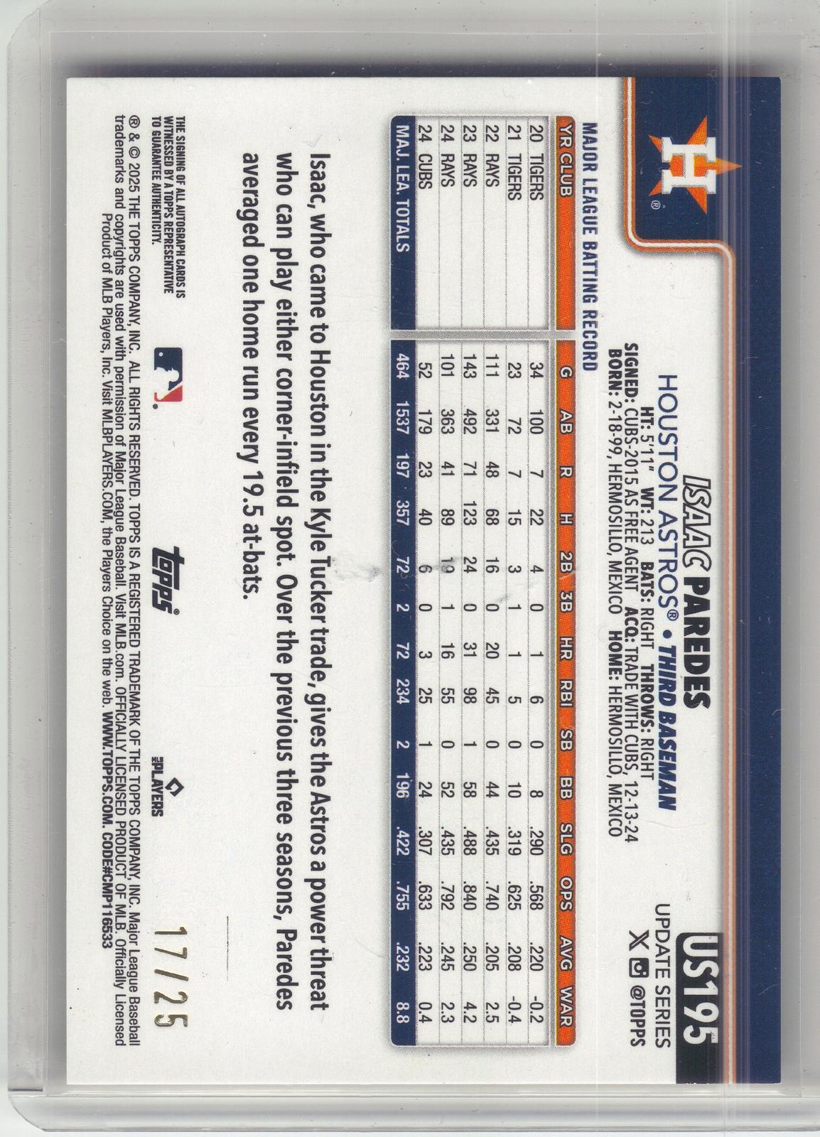 2025 Topps Update #US195 Isaac Paredes Real Ones Autographs Orange Foil #/25 Houston Astros SN, AU