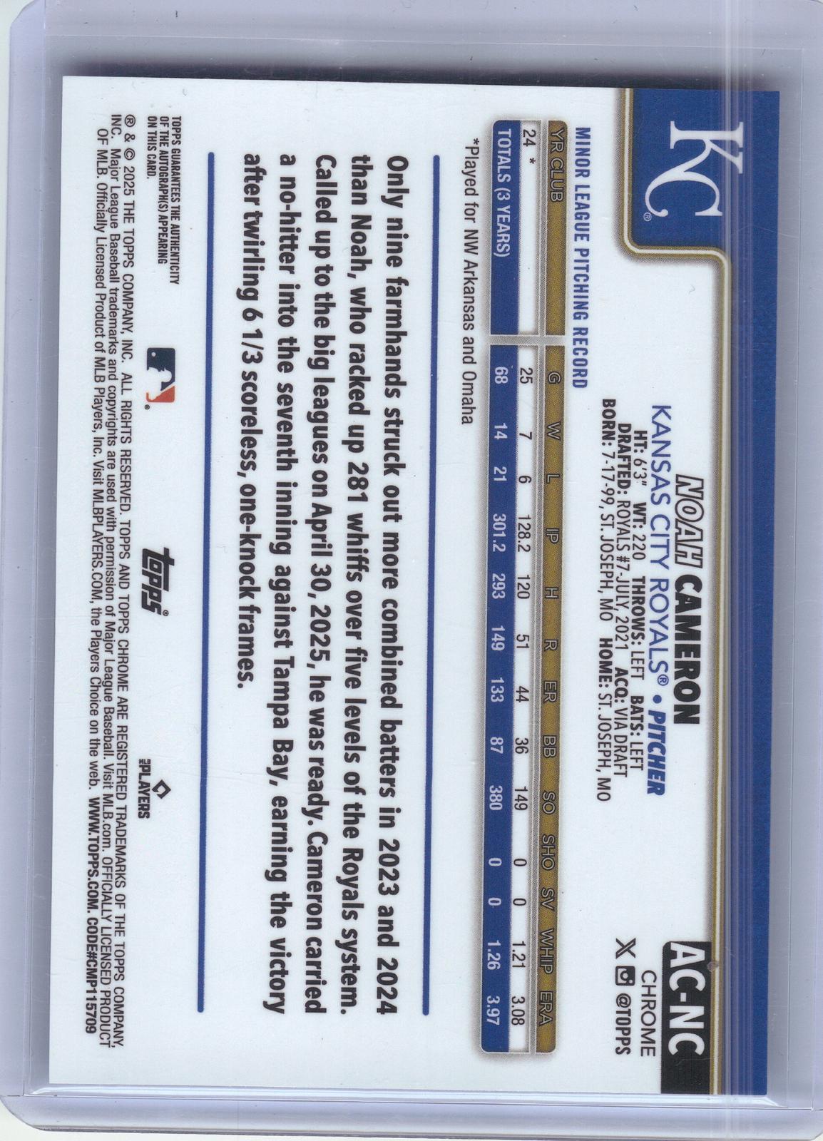 2025 Topps Chrome Update #AC-NC Noah Cameron Chrome Update Autographs Blue Refractor #/150 Kansas City Royals SN, AU