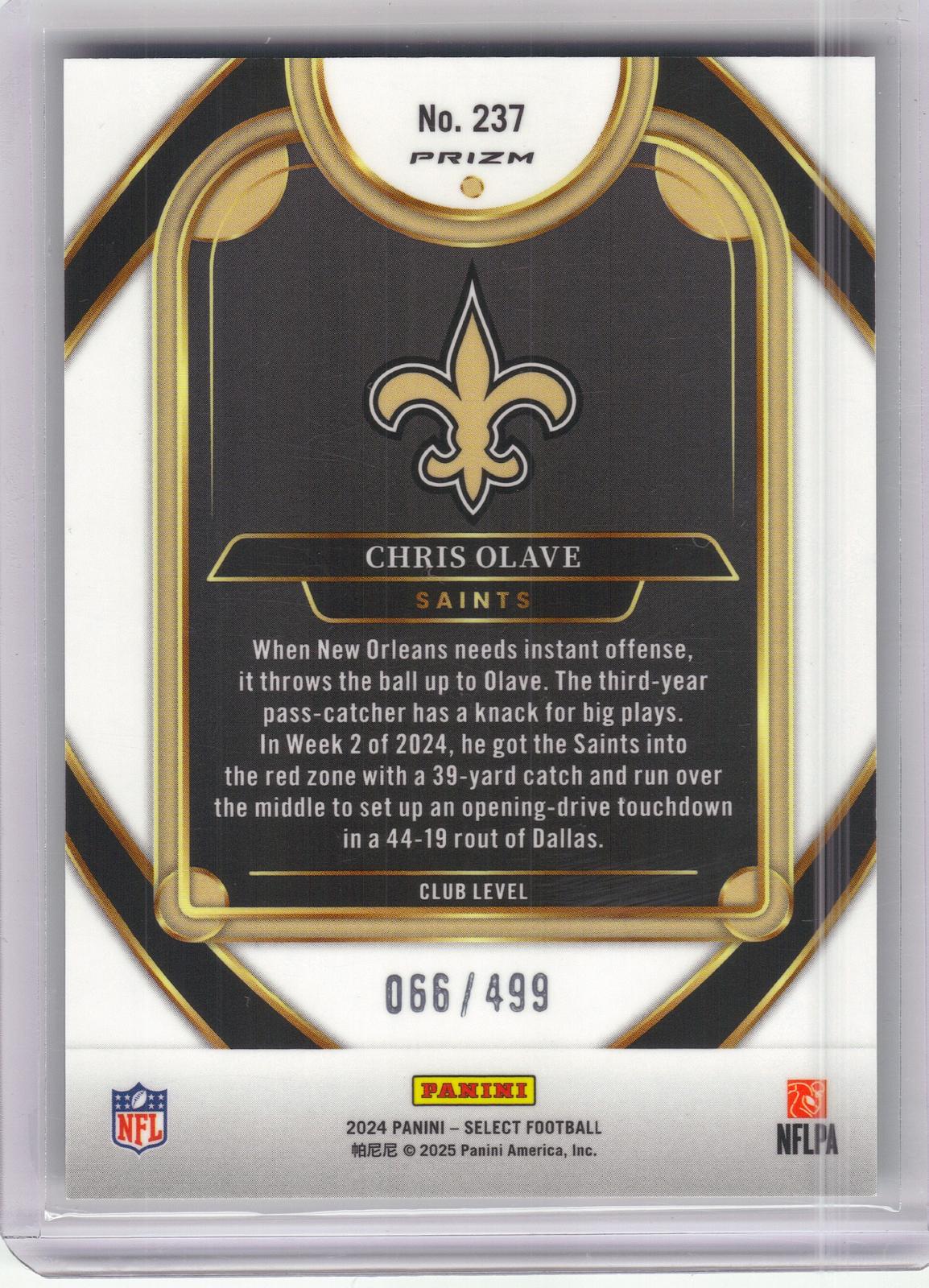 2024 Panini Select #237 Chris Olave Neon Green Prizm Shock #/499 New Orleans Saints SN
