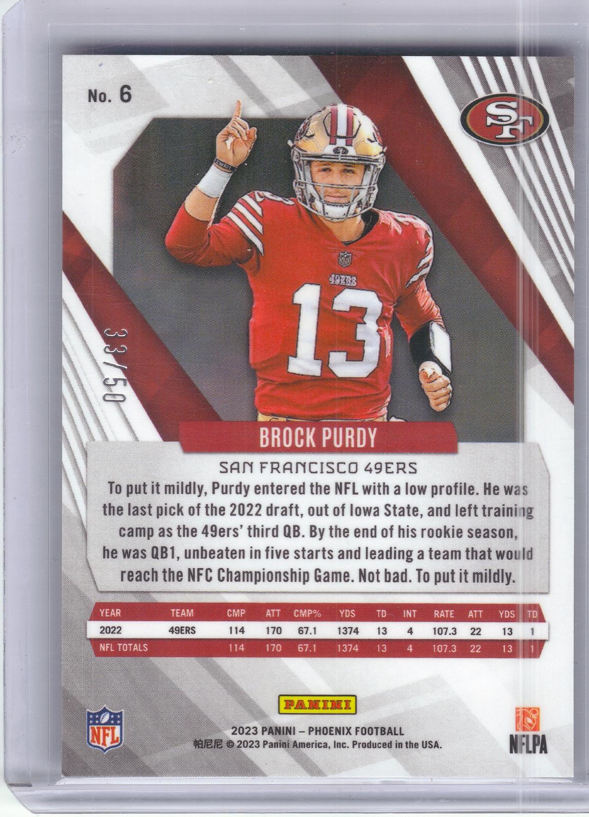 2023 Panini Phoenix #6 Brock Purdy Yellow #/50 San Francisco 49ers SN