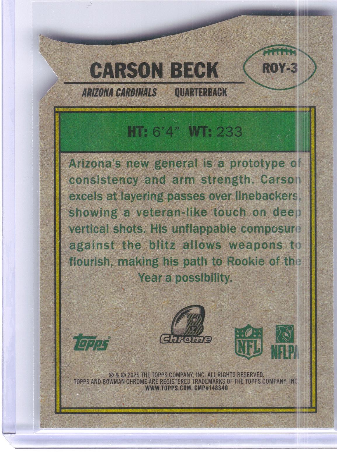 2026 Bowman #ROY-3 Carson Beck Rookie of the Year Favorites Arizona Cardinals