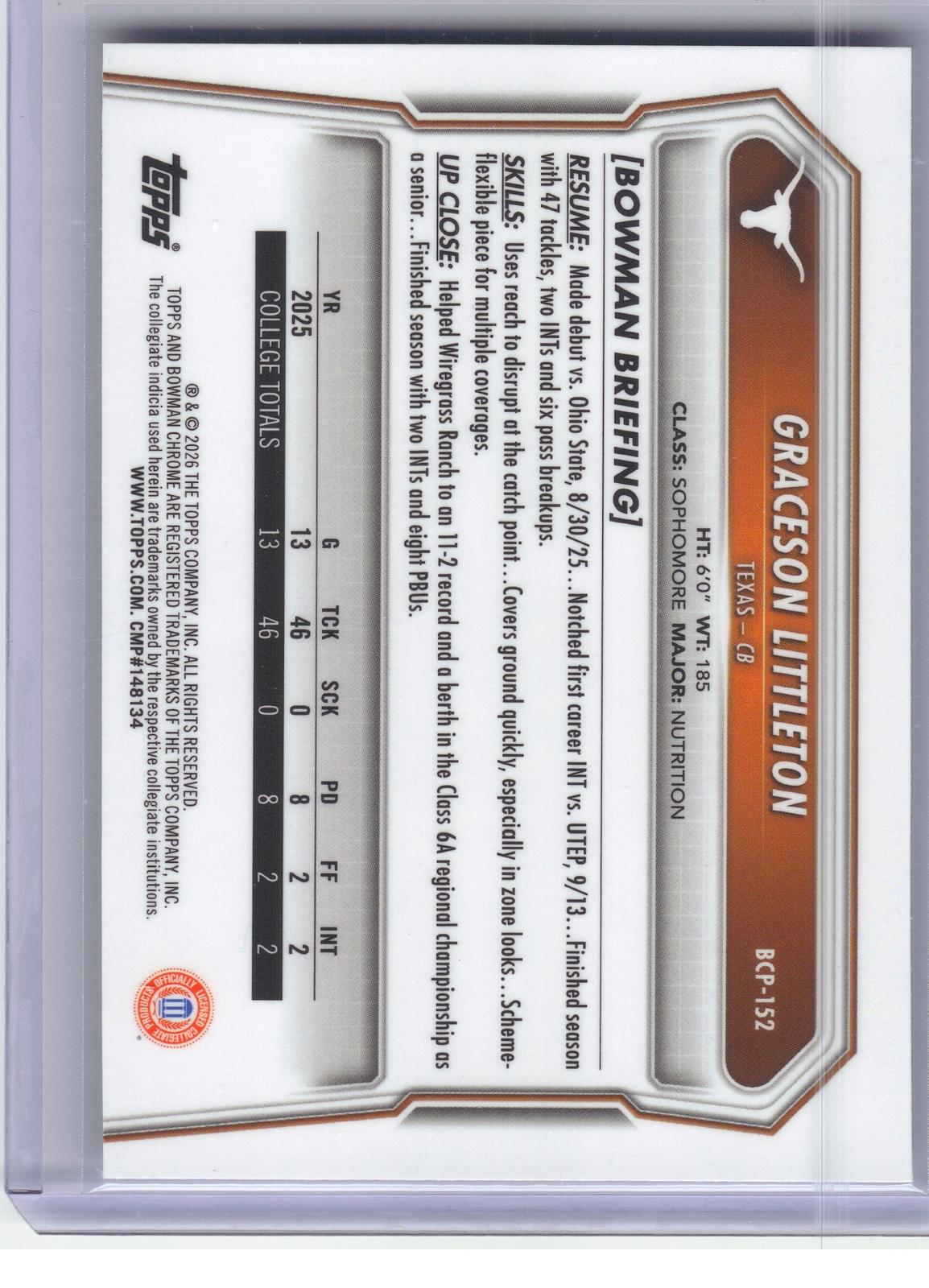 2026 Bowman #BCP-152 Graceson Littleton Chrome Prospects Speckle Texas Longhorns