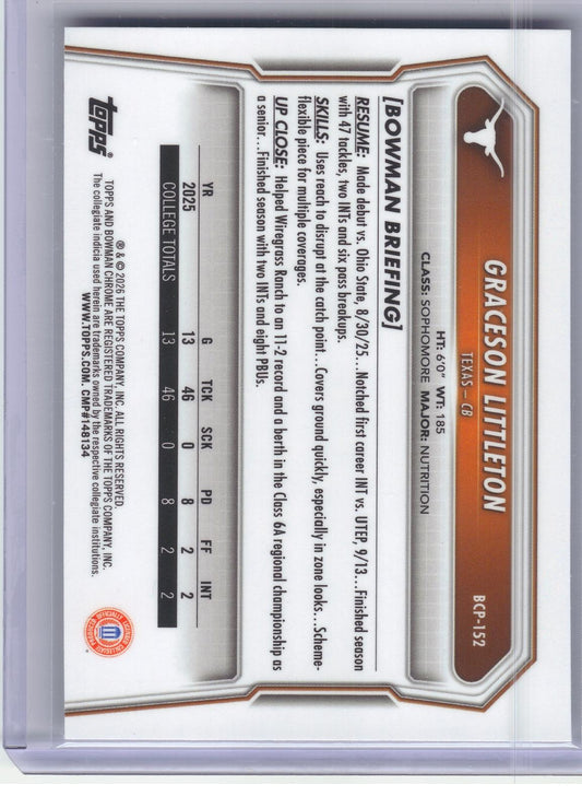 2026 Bowman #BCP-152 Graceson Littleton Chrome Prospects Speckle Texas Longhorns