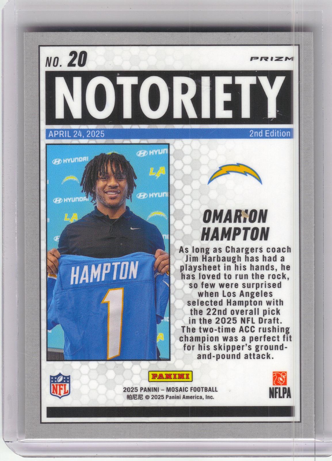 2025 Panini Mosaic #20 Omarion Hampton Notoriety Mosaic Orange Fluorescent Los Angeles Chargers