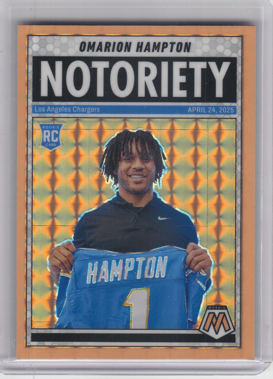 2025 Panini Mosaic #20 Omarion Hampton Notoriety Mosaic Orange Fluorescent Los Angeles Chargers