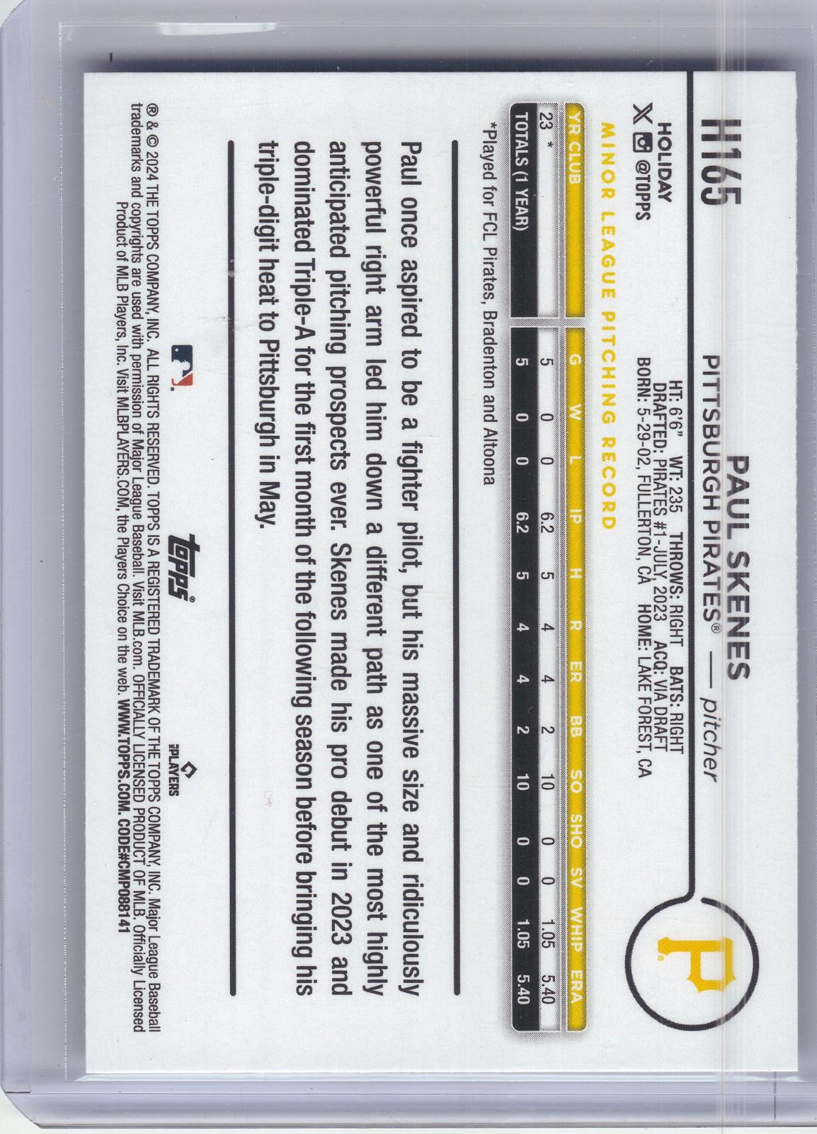 2024 Topps Holiday #H165 Paul Skenes Pittsburgh Pirates RC