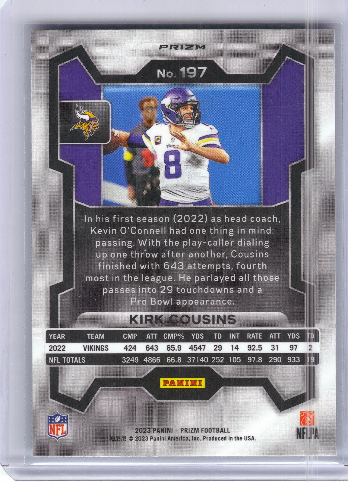 2023 Panini Prizm #197 Kirk Cousins Black and White Checker Minnesota Vikings