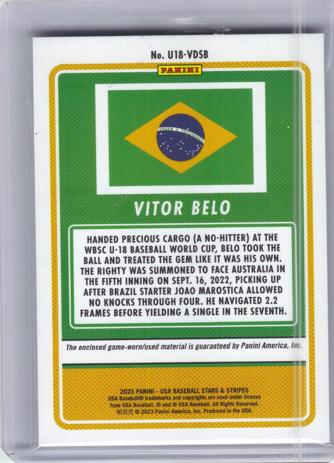 2023 Panini Stars & Stripes USA Baseball #U18-VDSB Vitor Belo U-18 World Cup - Brazil Materials Brazil MEM