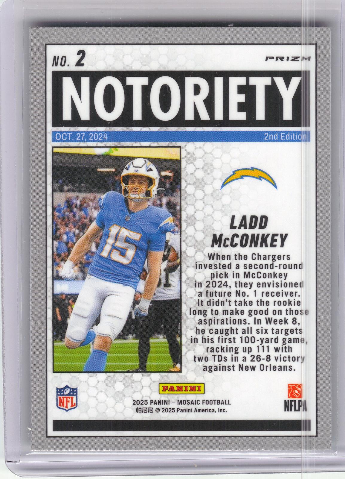 2025 Panini Mosaic #2 Ladd McConkey Notoriety Mosaic Green Los Angeles Chargers