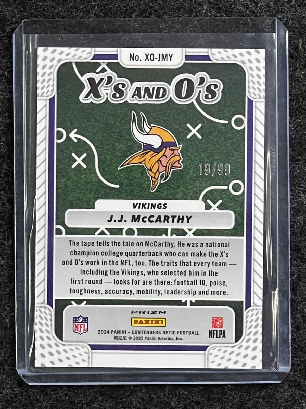 J.J. McCarthy 2024 Panini Contenders Optic #XO-JMY Xs and Os Blue Big Blue Version Vikings