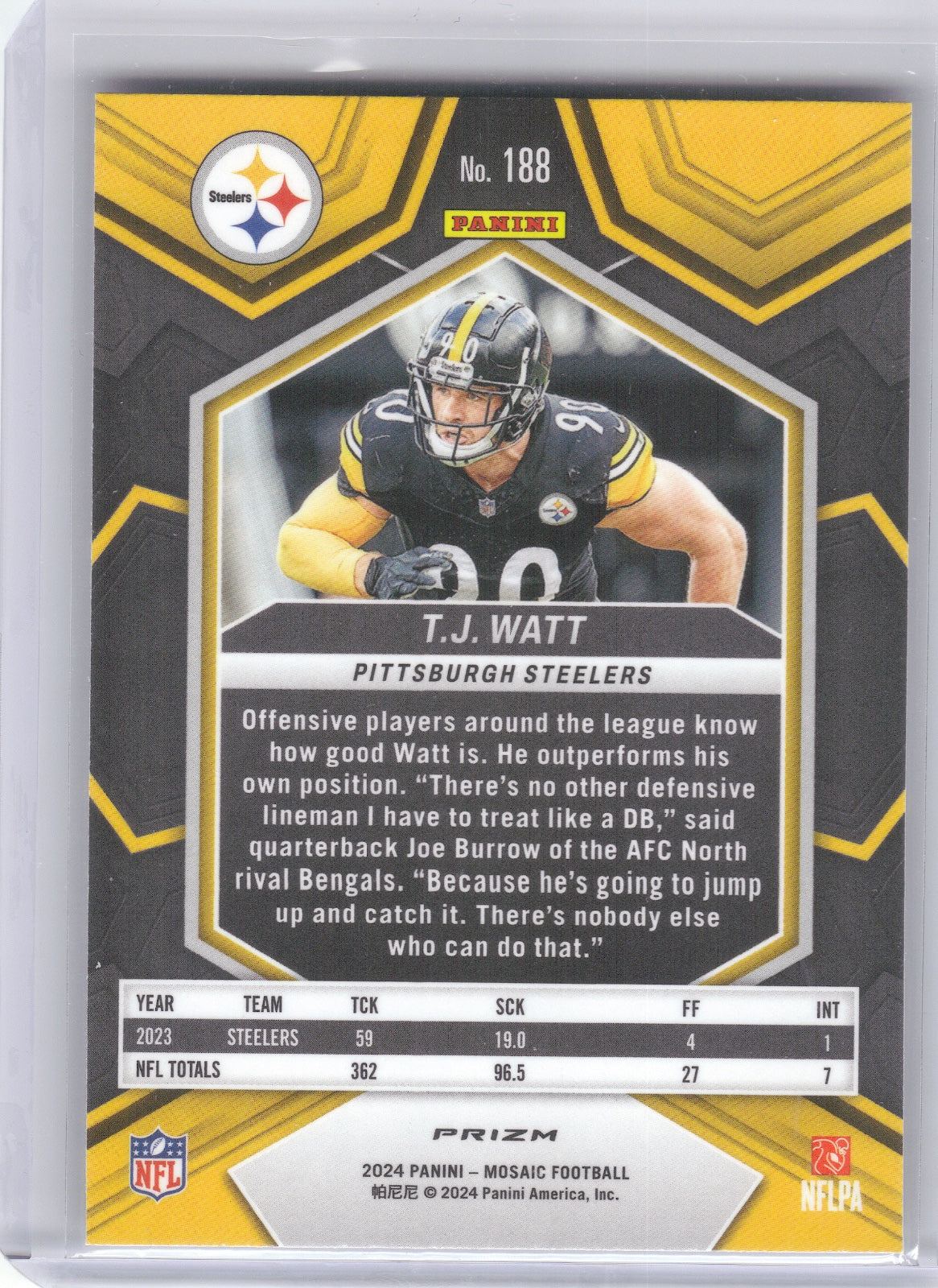 T.J. Watt Pittsburgh Steelers 2024 Panini Mosaic - Silver #188 (Back)