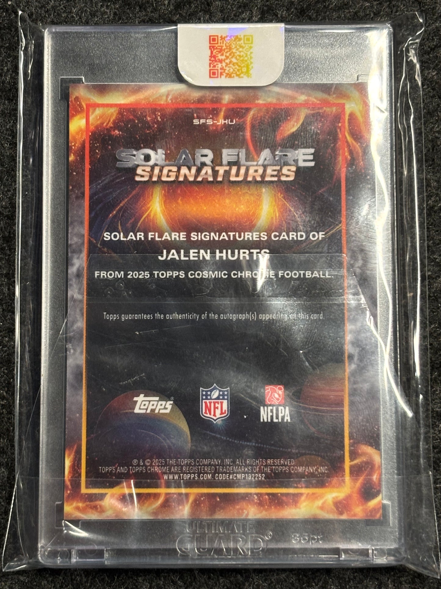 2025 Topps Chrome Cosmic #SFS-JHU Jalen Hurts Solar Flares Signatures Orange Galactic Refractor #/25 Philadelphia Eagles SN, Auto