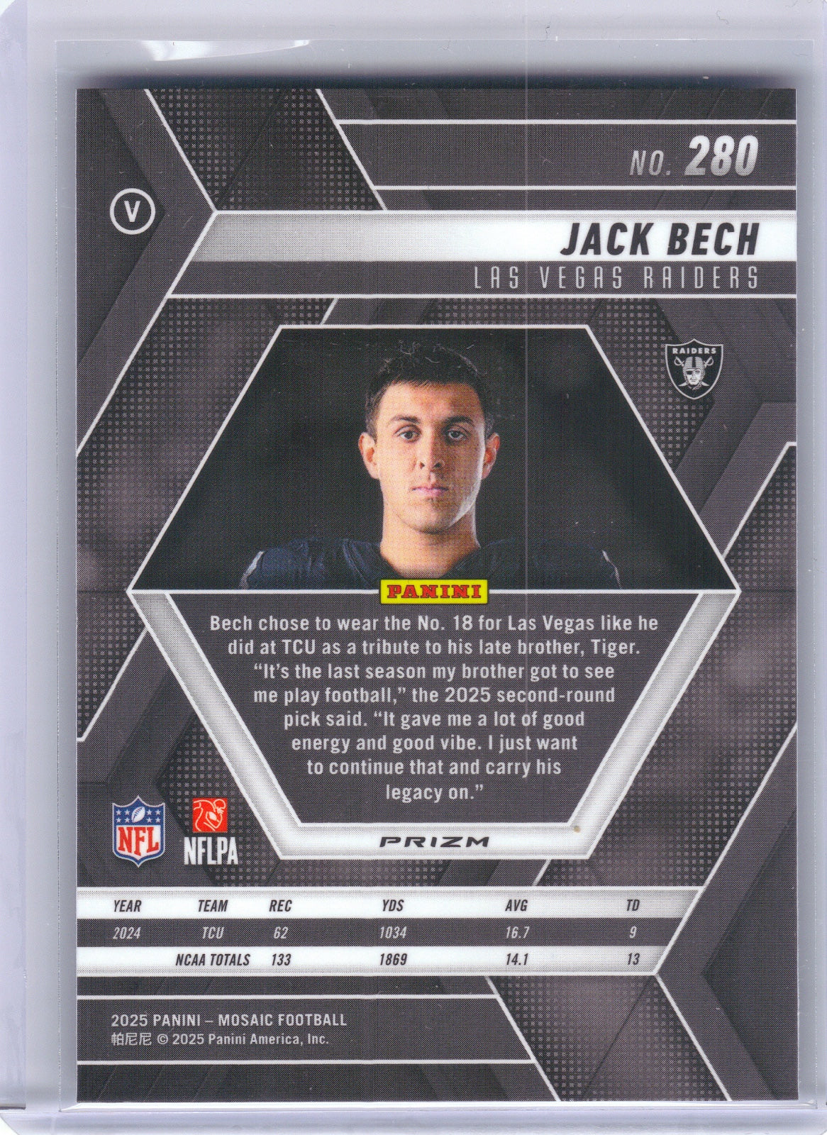Jack Bech Las Vegas Raiders 2025 Panini Mosaic - Silver #280 (Back)
