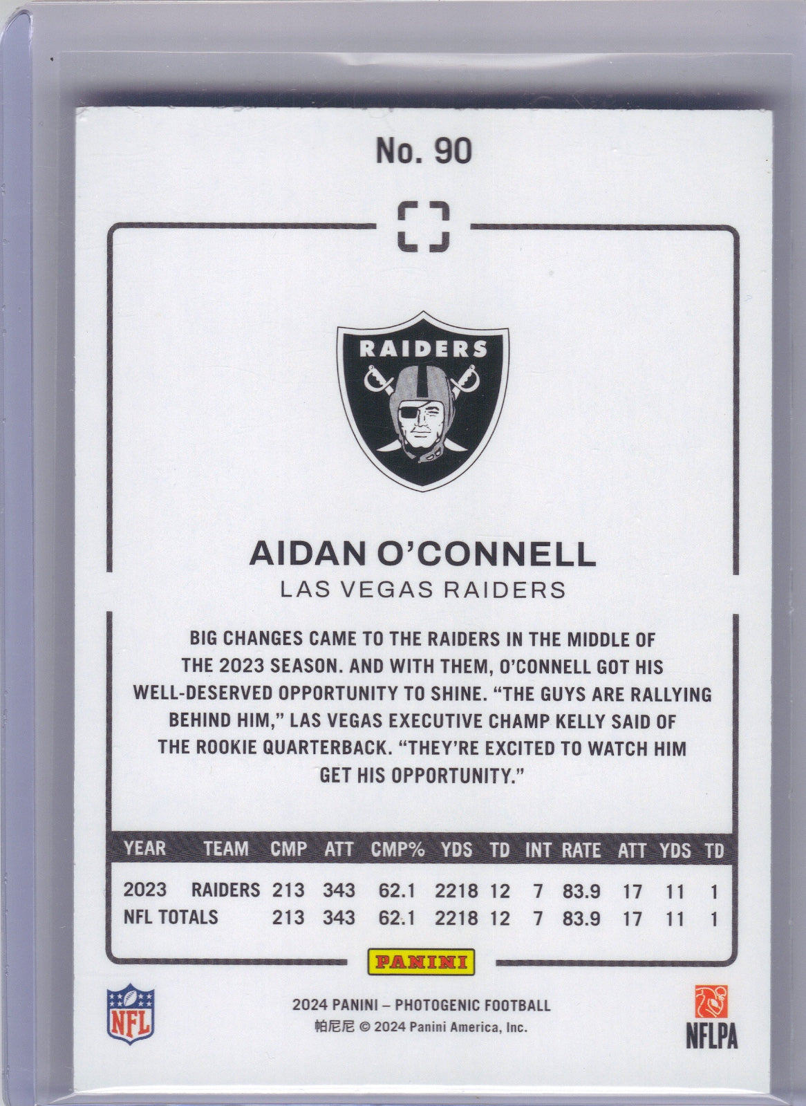 Aidan O'Connell Las Vegas Raiders 2024 Panini Photogenic - Silver #90 /175 (Back)