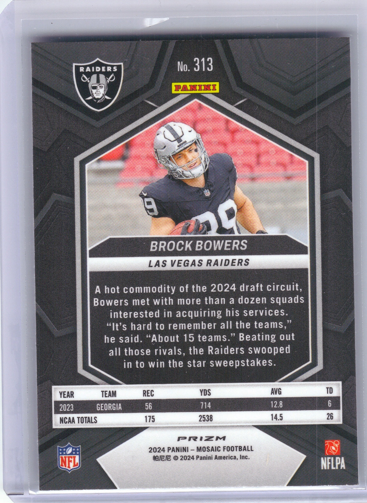 Brock Bowers Las Vegas Raiders 2024 Panini Mosaic - Mosaic #313 (Back)