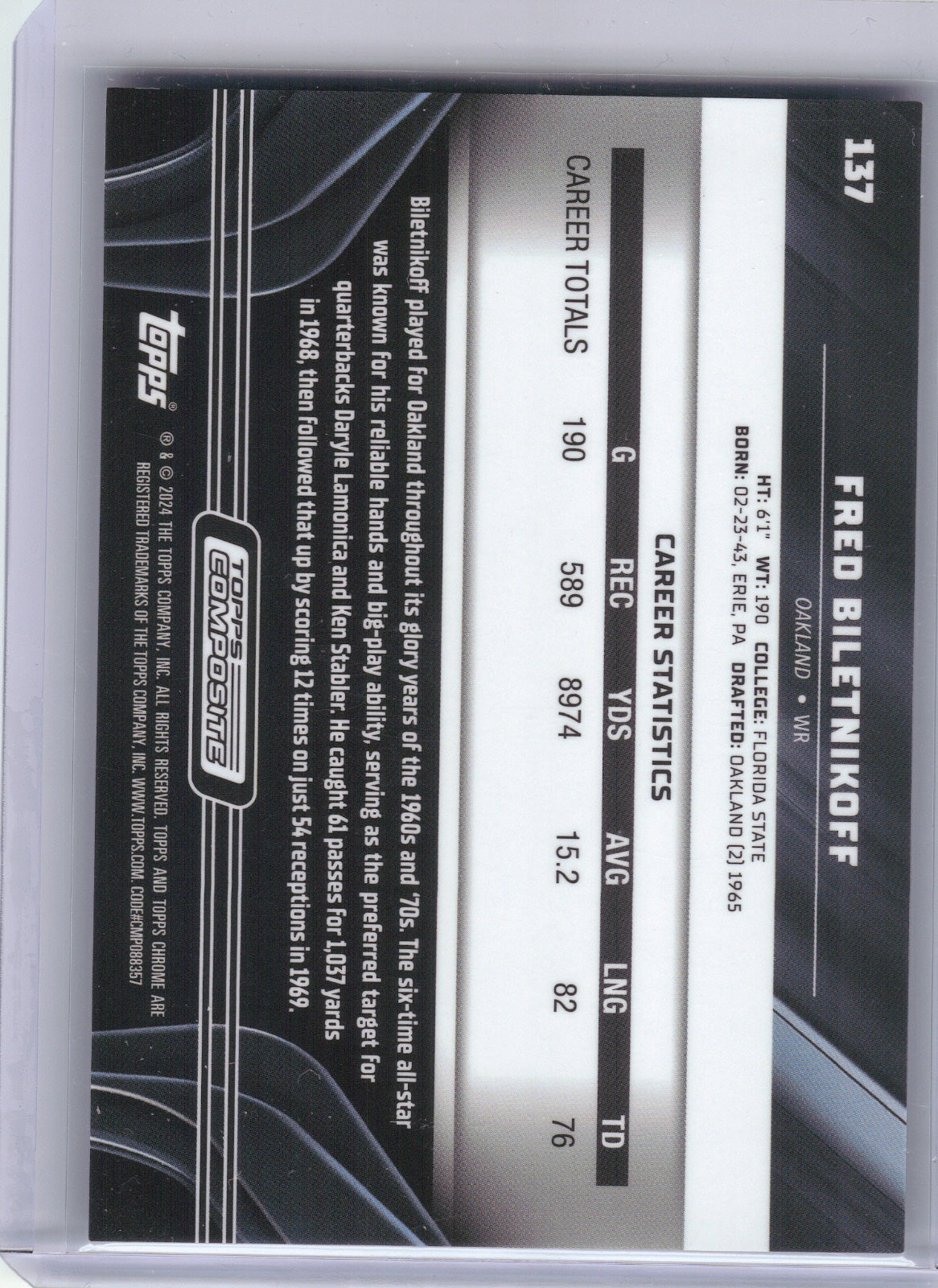 Fred Biletnikoff Raiders 2023 Topps Composite - Chrome Black Green #137 /99 (Back)