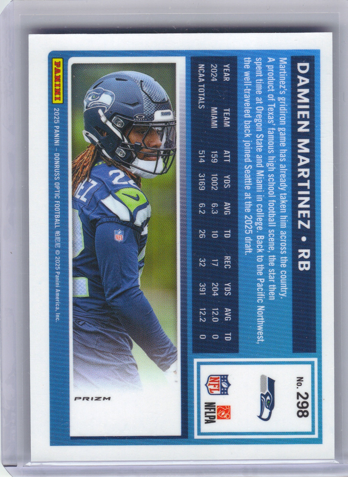 Damien Martinez Seattle Seahawks 2025 Donruss Optic - Blue Hyper #298 (Back)