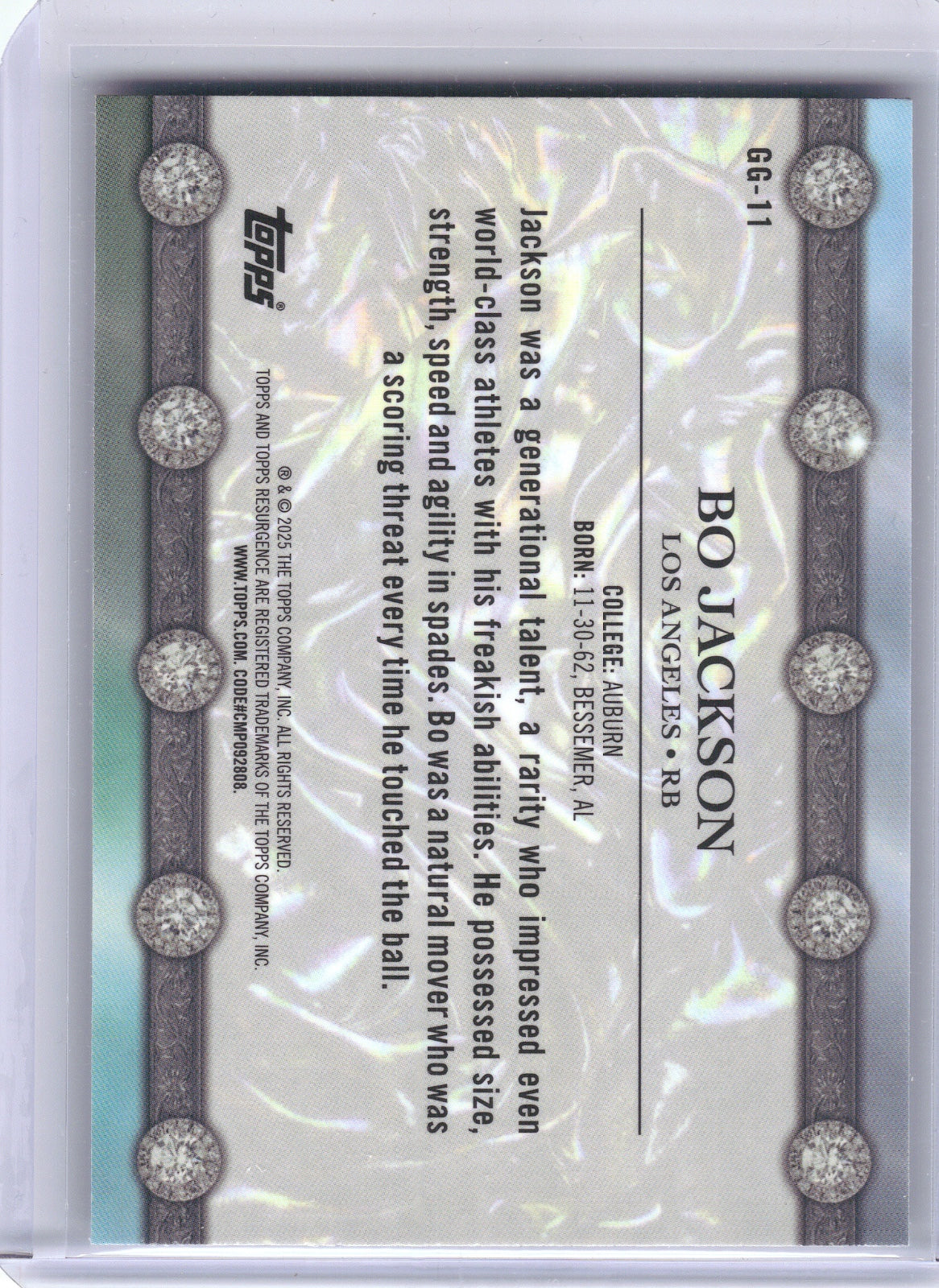 Bo Jackson Raiders 2024 Topps Resurgence - Glimmer Aqua Surge #GG-11 /249 (Back)