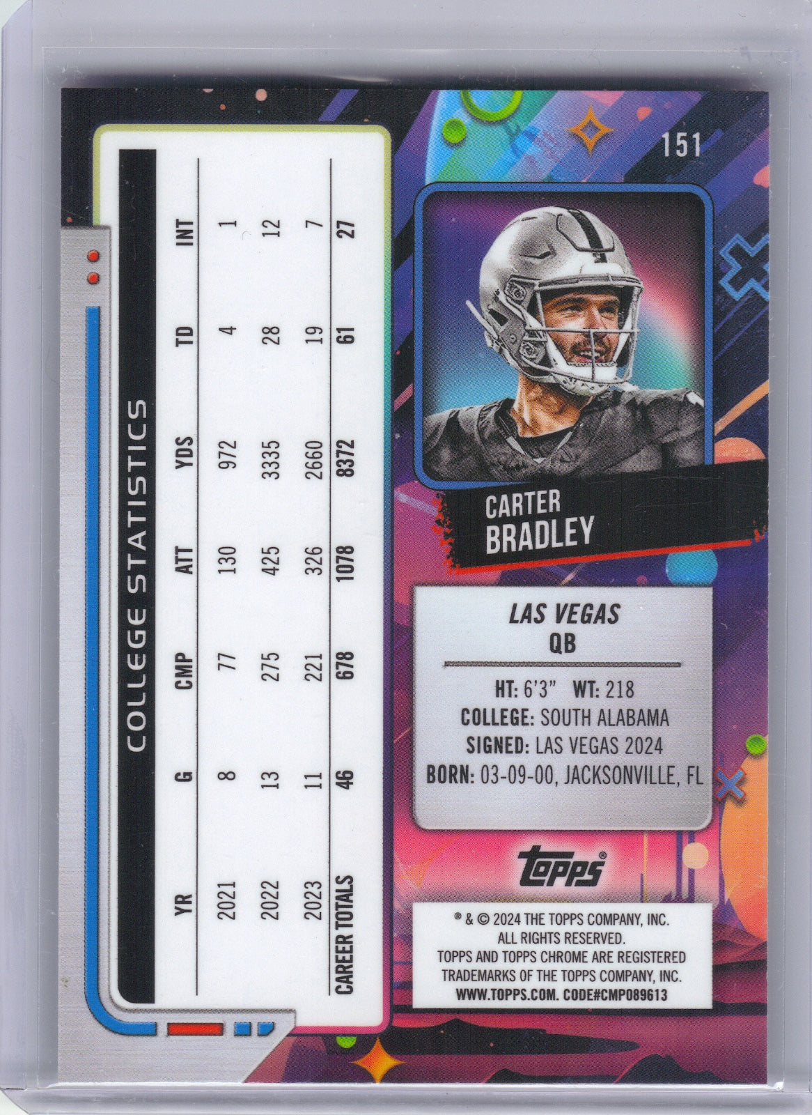 Carter Bradley Las Vegas Raiders 2024 Topps Chrome Cosmic - White Hole Refractors #151 (Back)