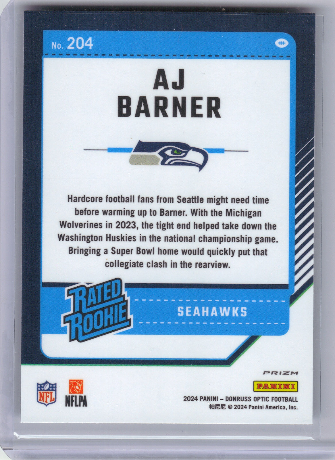 AJ Barner Seattle Seahawks 2024 Donruss Optic - Holo #204 (Back)