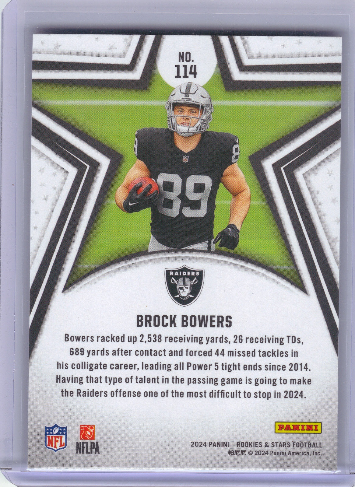 Brock Bowers Las Vegas Raiders 2024 Panini Rookies & Stars #114 RC (Back)