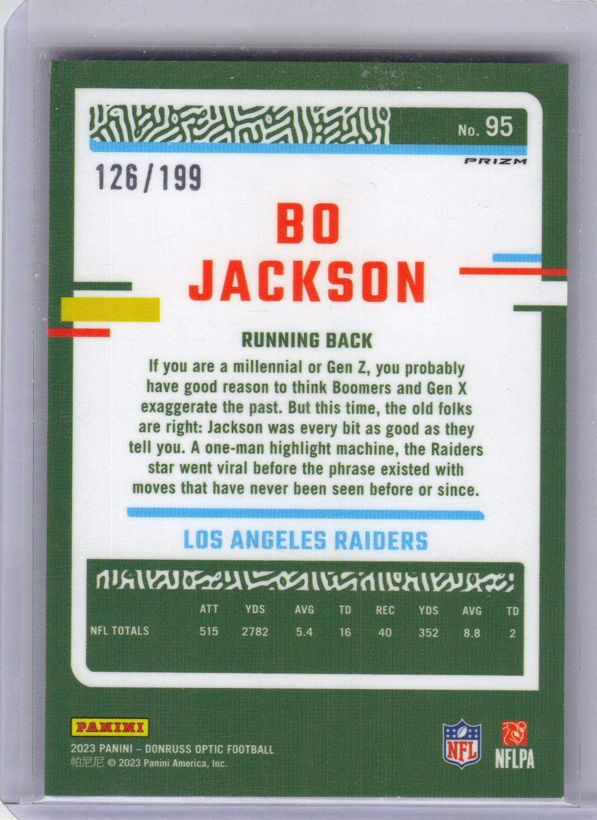 Bo Jackson Los Angeles Raiders 2023 Donruss Optic - Blue #95 /199 (Back)