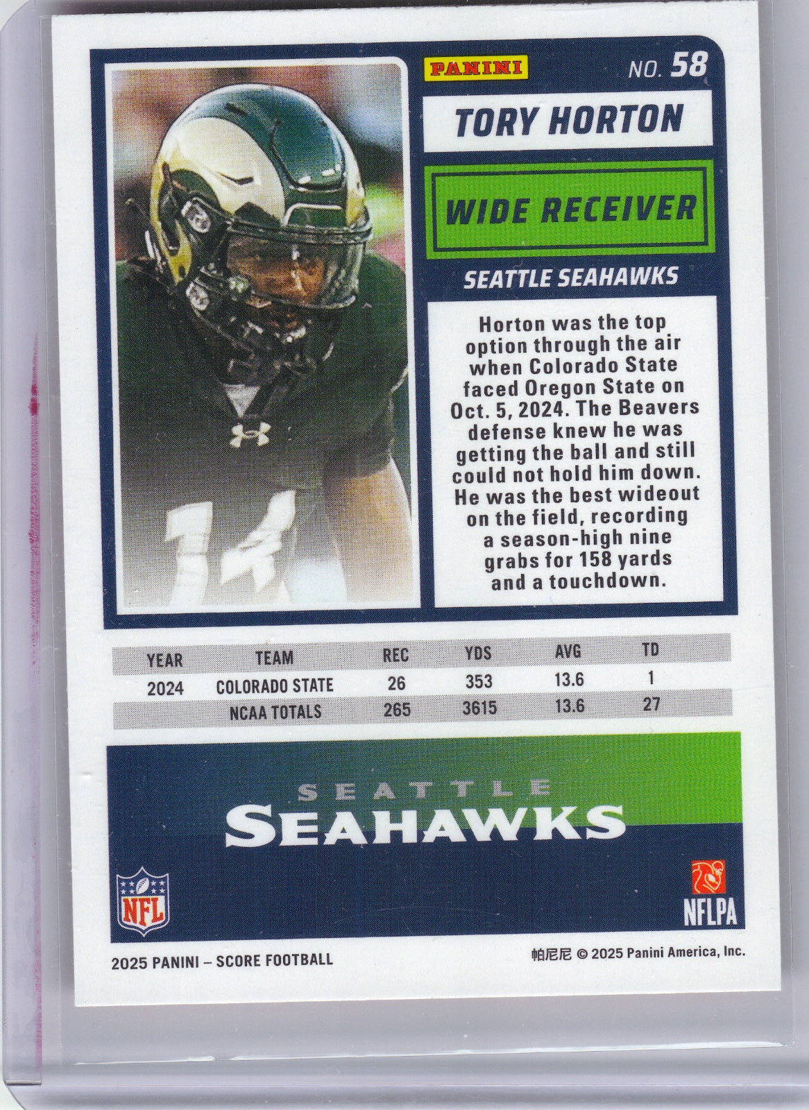 Tory Horton Seattle Seahawks 2025 Score-A-Treat #58 RC (Back)