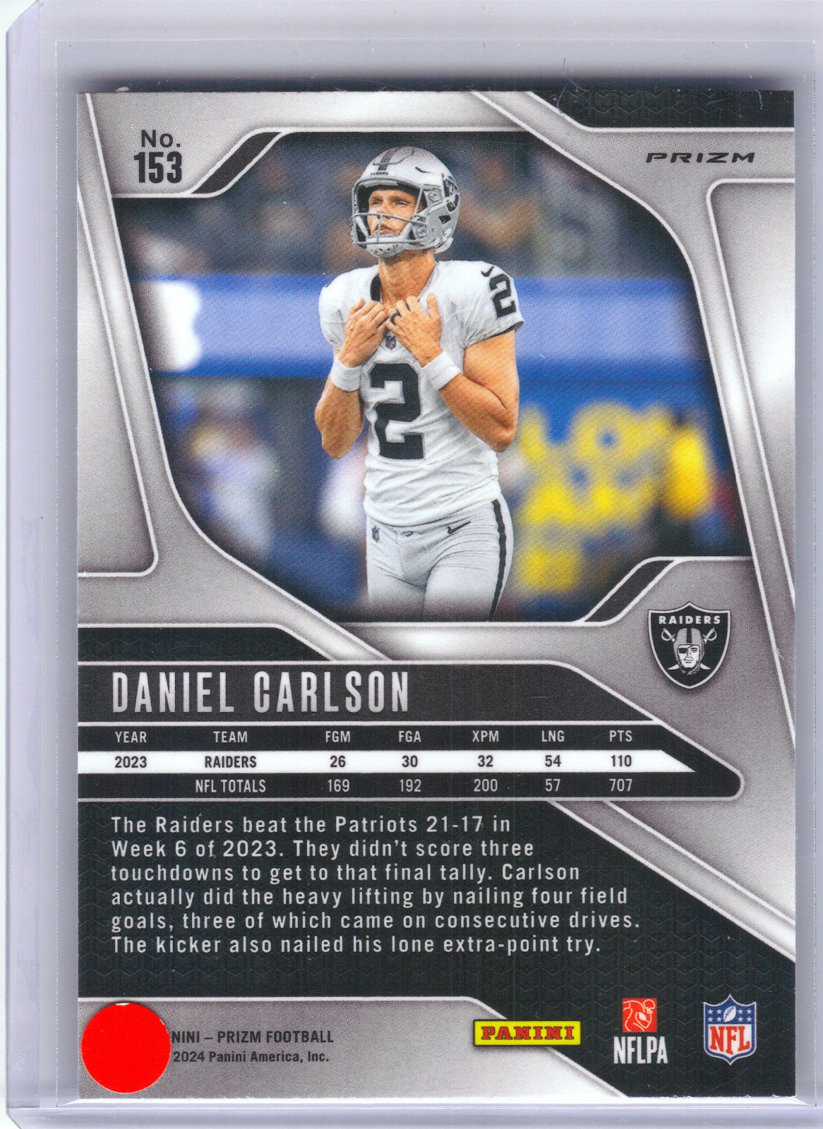 Daniel Carlson Las Vegas Raiders 2024 Panini Prizm - Red White and Blue #153 (Back)